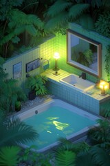 Poster - Isometric Bathroom Interior Design with Bathtub  Sink  and Tropical Plants