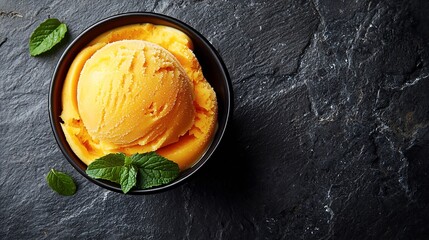 Leinwandbilder - Mango ice cream tropical fruit sorbet in black bowl on slate background Copy space Top view : Generative AI
