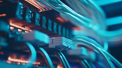 A close up of blue network cables plugged into a server.