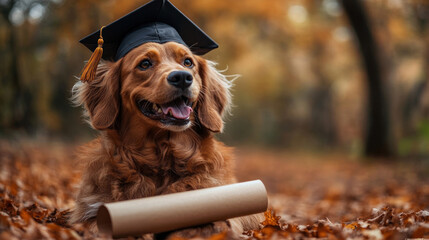 Wall Mural - A cute dog wearing a graduation cap, sitting proudly with a diploma in its mouth, in a playful, celebratory setting.