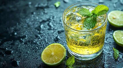 Poster - Moscow Mule cocktail with ginger beer vodka lime and mint Dark background Close up : Generative AI