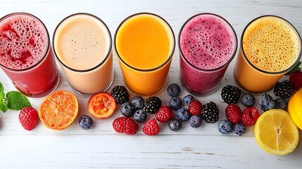 Poster - Smoothies juices beverages drinks variety with fresh fruits and berries on a white wooden background Copy space : Generative AI