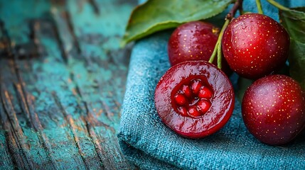 Poster - Tamarillo fruits with slice on blue napkin Outdoor background : Generative AI