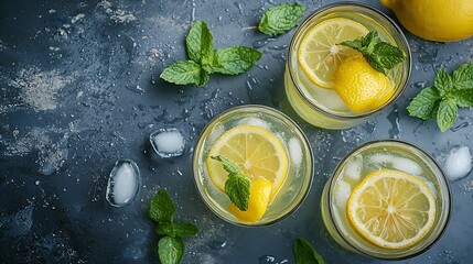 Poster - Lemonade lemon mint cocktail in glasses and jug Grey background Top view : Generative AI