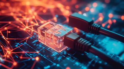 A close-up shot of network cables plugged into a server, with glowing orange and blue lights in the background.