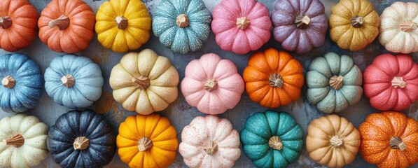 Whimsical Charm of Colorful Miniature Pumpkins: A Vibrant Aerial View Showcasing Intricate Textures and Unique Pastel Hues in a Joyful Composition