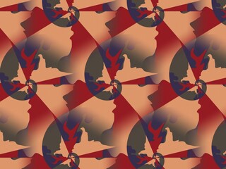 A captivating and abstract background featuring a repeating pattern of overlapping circles, triangles, and human profiles in shades of red, orange, and blue.