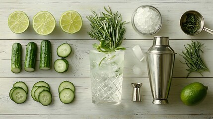 Poster - Ingredients for lime cucumber tarragon lemonade cocktail on a white wooden background : Generative AI