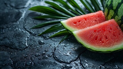 Poster - Watermelon slices on palm leaf Blue stone background Close up : Generative AI
