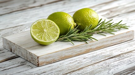 Poster - Fresh limes and rosemary springs on white wooden cutting board Copy space : Generative AI