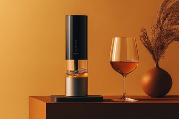 A model displaying a premium electric wine opener against a solid color backdrop, emphasizing its modern design and ease of use. 