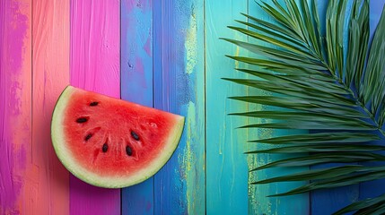 Poster - Watermelon cut on colorful wooden background with palm leaf Top view : Generative AI