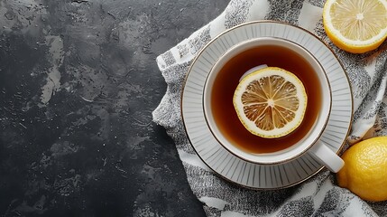 Leinwandbilder - Tea cup and pot with lemon Grey background Top view : Generative AI