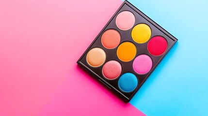 A colorful eyeshadow palette is placed on a pink and blue background.