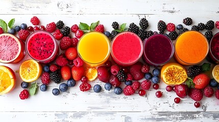 Poster - Smoothies juices beverages drinks variety with fresh fruits and berries on a white wooden background Top view : Generative AI