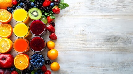 Poster - Smoothies juices beverages drinks variety with fresh fruits and berries on a white wooden background : Generative AI