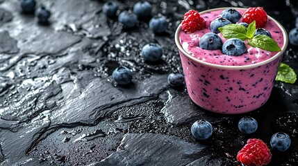 Poster - Berry smoothie with fresh blueberries on a black stone background Top view : Generative AI