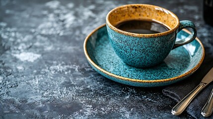 Poster - Blue plate bowls cup mug cutlery tableware Grey background Close up Top view : Generative AI