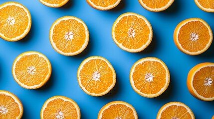 Poster - Oranges on blue background Flat lay composition Top view : Generative AI