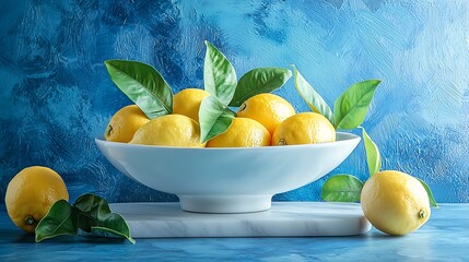 Poster - Fresh Meyer lemons in white bowl on marble board Blue background Copy space : Generative AI