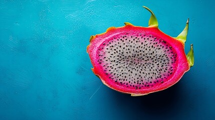 Poster - Fresh dragon fruit pitahaya slice Blue background Copy space Top view : Generative AI