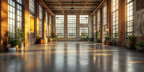 A spacious industrial area with minimal design, showcasing exposed pipes, concrete floors, and metal elements.