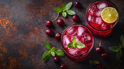 Aufkleber - Cold cherry Moscow Mules cocktail with ginger beer vodka lime Marble background Top view : Generative AI