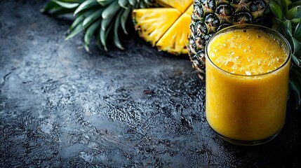 Poster - Pineapple with tropical fruit juice smoothie on dark stone background Close up : Generative AI