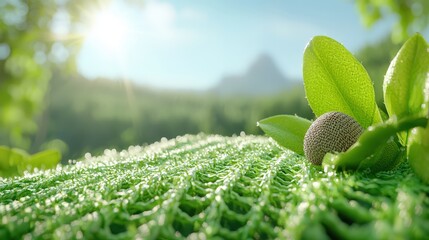 Canvas Print - Green Leaf and Seedpod on a Grassy Background with a Mountain Range in the Distance