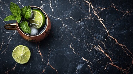 Aufkleber - Moscow mule cocktail in copper mug with fresh mint and lime Dark marble background Close up Top view : Generative AI