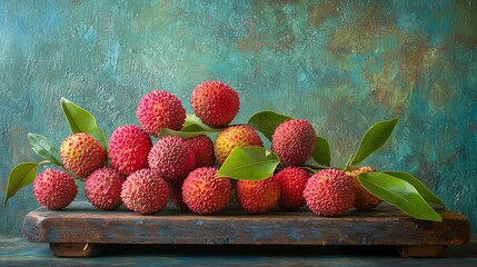 Poster - Lychee with leaves on a wooden board still life Copy space : Generative AI