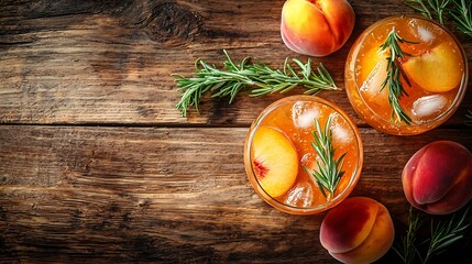 Aufkleber - Peach and rosemary fizz cocktail on a wooden background : Generative AI