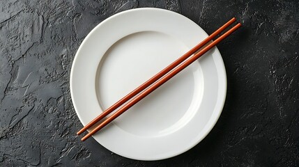 Poster - Asian table place setting with white plate and chopsticks Top view Copy space Grey background Close up Top view : Generative AI