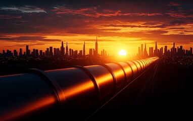 An industrial pipeline stretches towards a stunning sunset over a modern skyline, showcasing contrasts of nature and urban life.