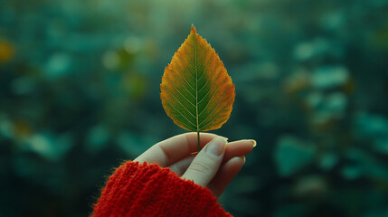 Poster - hand gently holds a green leaf, symbolizing connection with nature, sustainable energy, and environmental harmony. This image evokes themes of renewal, growth, and ecological care