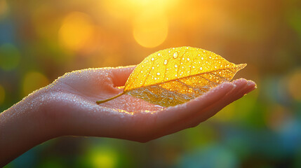 Poster - hand gently holds a green leaf, symbolizing connection with nature, sustainable energy, and environmental harmony. This image evokes themes of renewal, growth, and ecological care