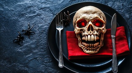 Poster - Halloween holiday table setting decoration with vampire teeth and red napkin Black slate background Top view : Generative AI