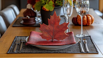 Poster - Placemat oak leaf design Autumn fall thanksgiving halloween table setting Top view Copy space : Generative AI