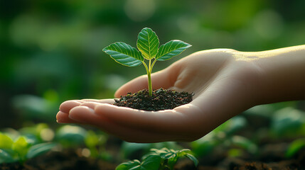 Poster - hand gently holds a green leaf, symbolizing connection with nature, sustainable energy, and environmental harmony. This image evokes themes of renewal, growth, and ecological care