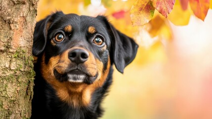 Poster - A curious dog peeks behind a vibrant autumn tree, showcasing the beauty of fall and the joy of pet companionship.