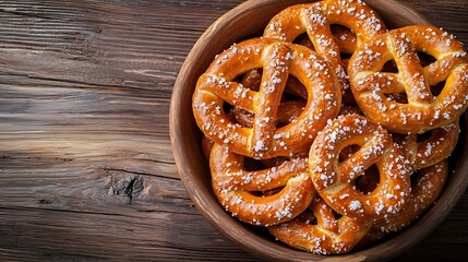 Beer salted pretzels Brown wooden background Top view : Generative AI