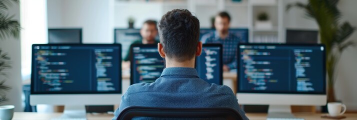 Software developer coding at a desk with multiple monitors, displaying code, in a modern office environment with colleagues in the background.