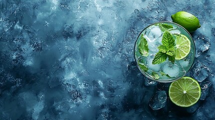 Aufkleber - Mojito cocktail with lime and mint in highball glass on a grey stone background Top view Copy space : Generative AI