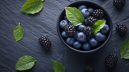 Poster - Blueberry and blackberry berries in black bowl on blue stone background Top view Copy space : Generative AI