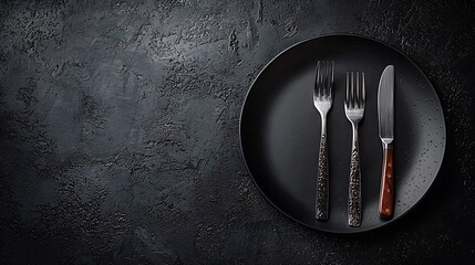 Poster - Plate with fork and knife Dark background Copy space Top view : Generative AI