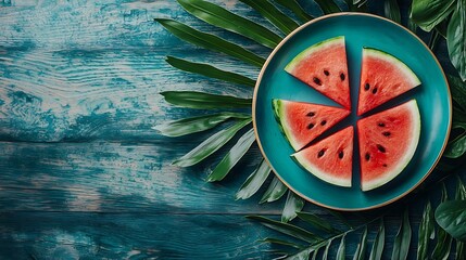 Poster - Watermelon slices on a blue plate Colorful wooden background with palm leave Top view : Generative AI