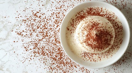 Wall Mural - Tiramisu traditional Italian dessert on a white plate Copy space Top view : Generative AI