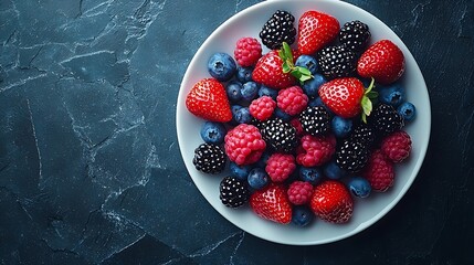 Poster - Blueberry and blackberry berries on a white plate on blue stone background Top view : Generative AI