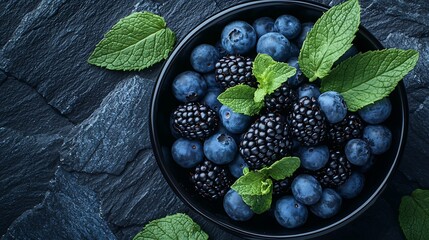 Poster - Blueberry and blackberry berries with mint leaves in black bowl on blue stone background Top view : Generative AI