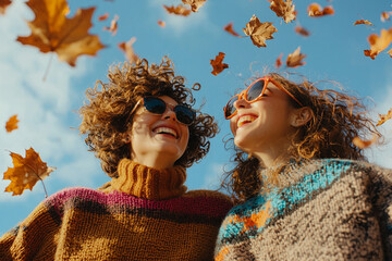 autumn joy. two friends in sweaters and sunglasses enjoying falling leaves